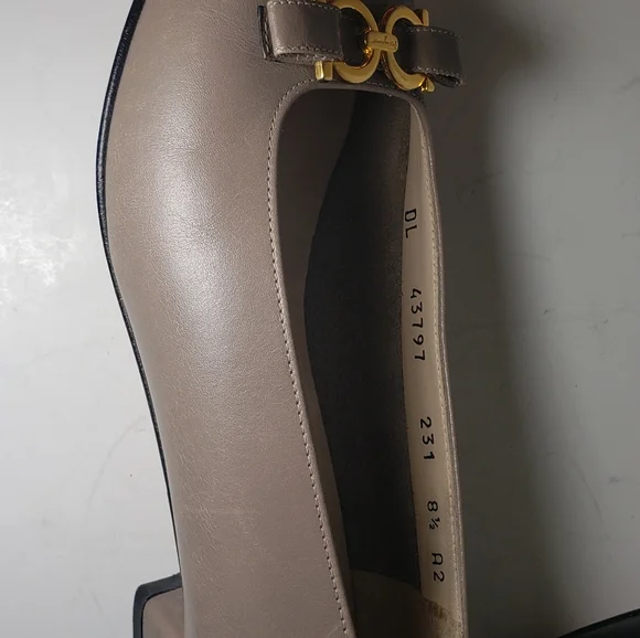 Ferragamo Tan and Black Gold Logo Heels - Picture 2 of 8